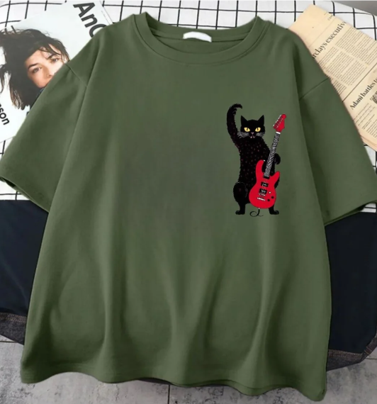 Haki Music Loving Cat Ön Arka Baskılı Oversize T-shirt