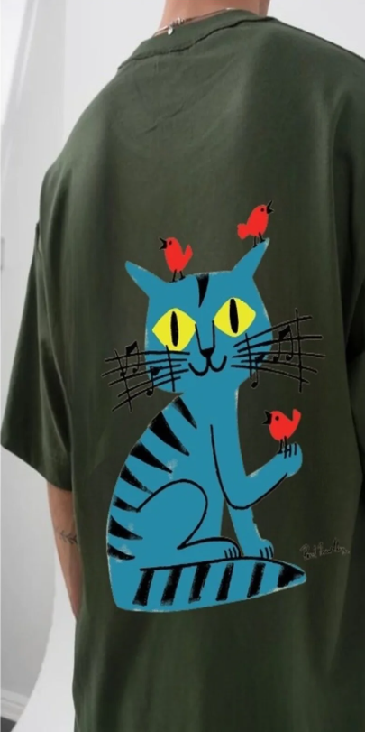 Haki Music Loving Cat Ön Arka Baskılı Oversize T-shirt