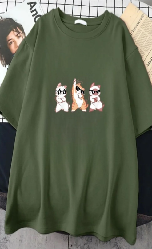 Haki Naughty Cat Ön Arka Baskılı Oversize T-shirt