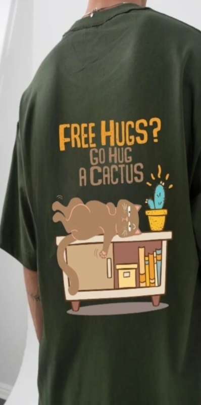 Haki Naughty Cat Ön Arka Baskılı Oversize T-shirt