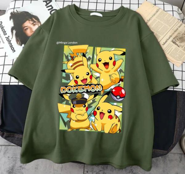 Haki Pokemon Pikachu Ön Baskılı Oversize Unisex T-shirt