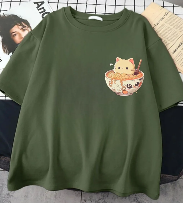 Haki Spagetti Cat Ön Arka Baskılı Oversize T-shirt