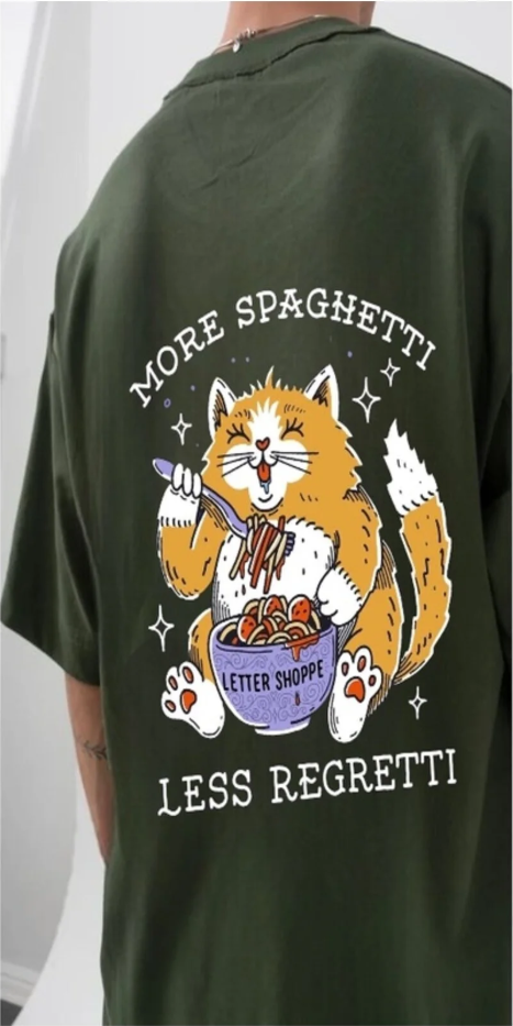 Haki Spagetti Cat Ön Arka Baskılı Oversize T-shirt