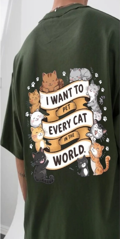 Haki The Sweetest Cat Ön Arka Baskılı Oversize T-shirt