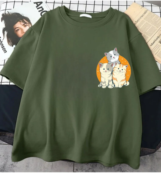 Haki The Sweetest Cat Ön Arka Baskılı Oversize T-shirt