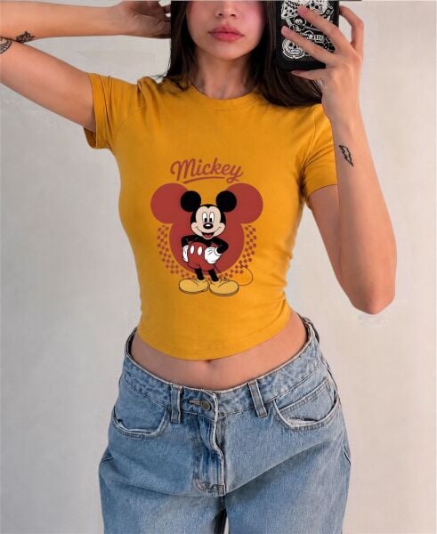 Mickey Baskılı Kemer Boy Y2K Kısa Kollu Crop