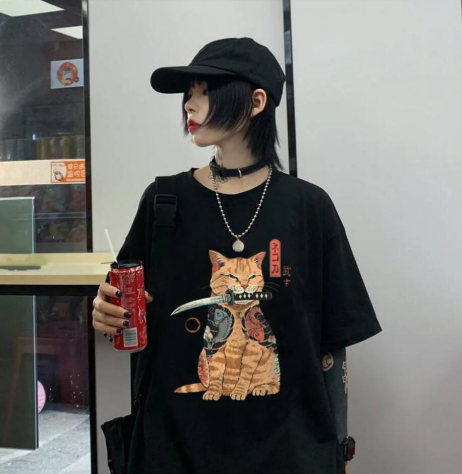 Killer Cat Baskılı Siyah Unisex Oversize T-shirt