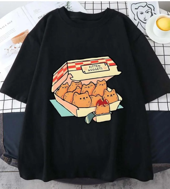 Kitten Nuggets Baskılı Siyah Unisex Oversize T-shirt