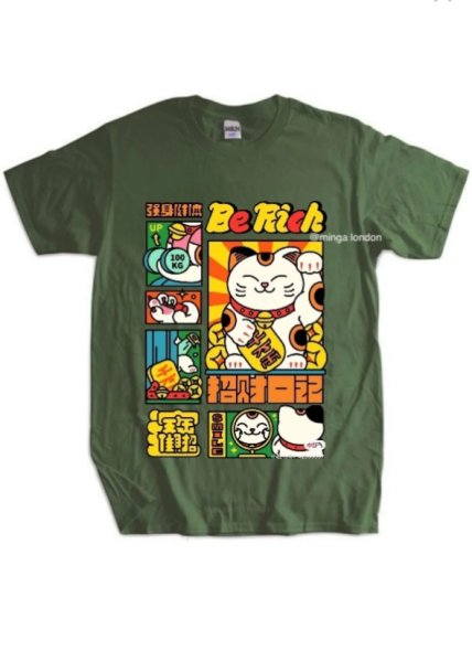 Maneki Neko Lucky Cat Haki Rengi Ön Baskılı Oversize T-shirt
