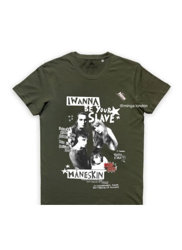 Maneskin Music Group Haki Rengi Ön Baskılı Oversize T-shirt