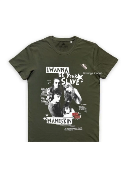 Maneskin Music Group Haki Rengi Ön Baskılı Oversize T-shirt