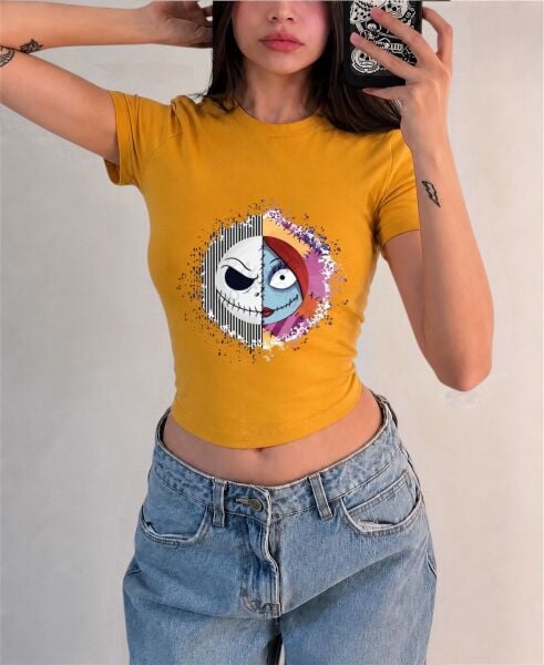 Jack & Sally Baskılı Kemer Boy Y2K Kısa Kollu Crop