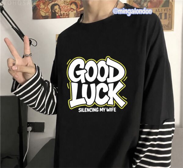 Fake Kollu Good Luck Baskılı Oversize T-Shirt
