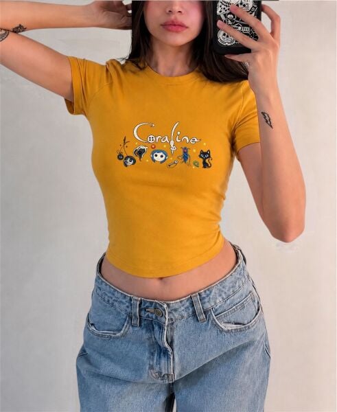 Coraline Baskılı Kemer Boy Y2K Kısa Kollu Crop