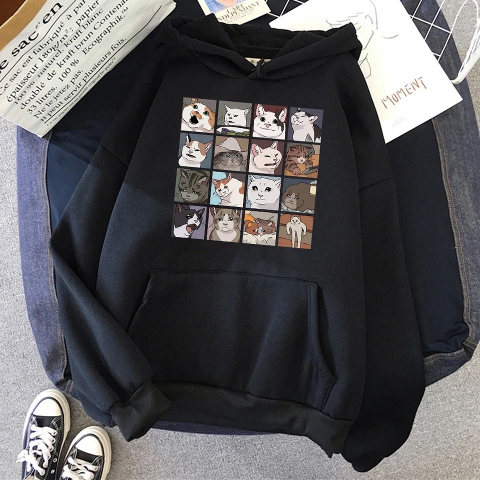 Cat Memes Collage Siyah Kalın Kumaş Kapşonlu Sweatshirt