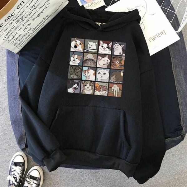 Cat Memes Collage Siyah Kalın Kumaş Kapşonlu Sweatshirt