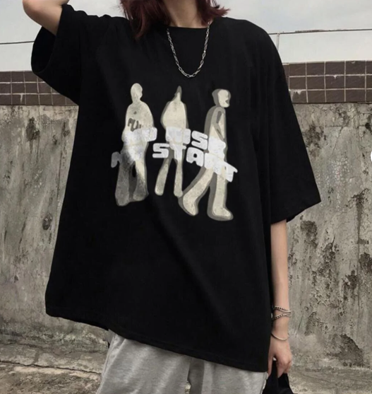 No Rise No Start Baskılı Siyah Unisex Oversize T-shirt