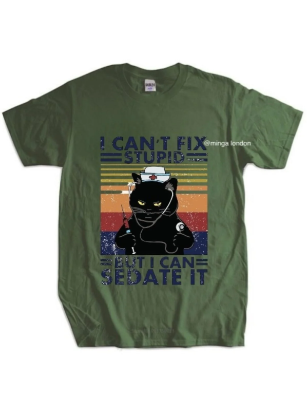 Nurse Black Cat Haki Rengi Ön Baskılı Oversize T-shirt