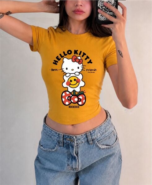 Hello Kitty Best Friends Forever Baskılı Kemer Boy Y2K Kısa Kollu Crop