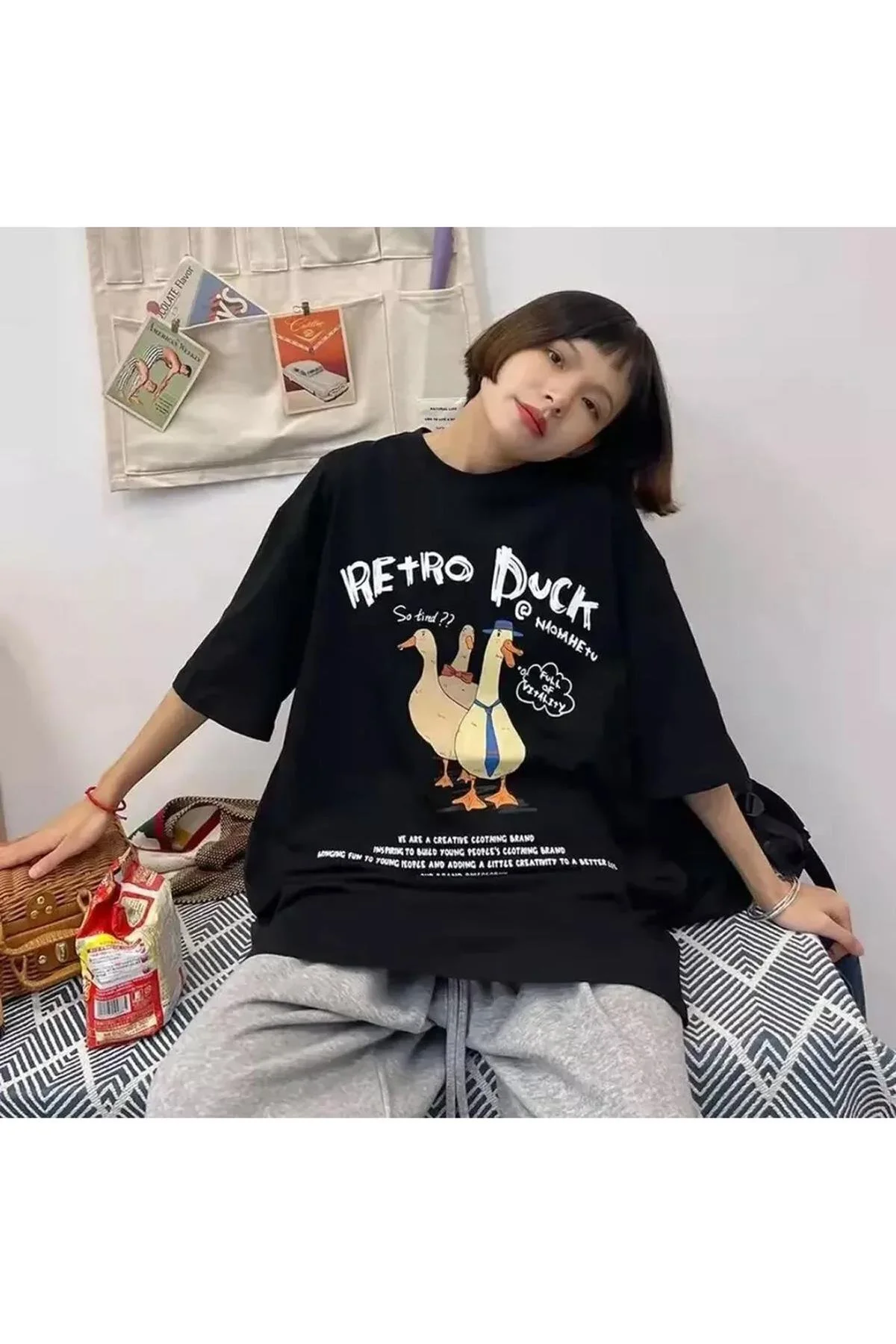 Retro Duck Baskılı Unisex Oversize T-shirt