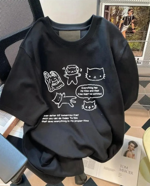 Retro Karikatür Kedi Baskılı Siyah Unisex Oversize T-shirt
