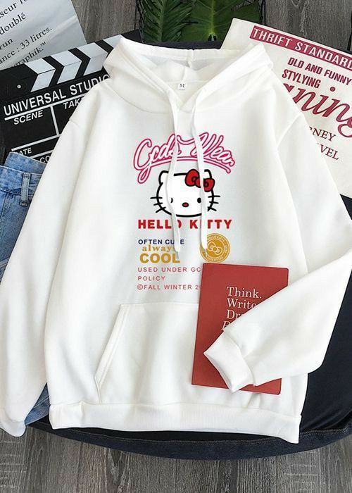 Hello Kitty Gods Wear Beyaz Kalın Kumaş Kapşonlu Sweatshirt