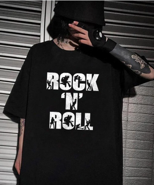 Rock 'N' Roll Siyah Unisex Oversize T-shirt