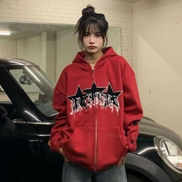 Kırmızı Triple Star Devil Icon Fermuarlı (Unisex) Kapüşonlu