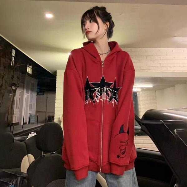 Kırmızı Triple Star Devil Icon Fermuarlı (Unisex) Kapüşonlu