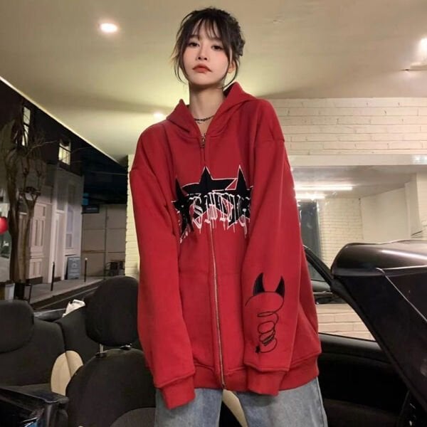 Kırmızı Triple Star Devil Icon Fermuarlı (Unisex) Kapüşonlu