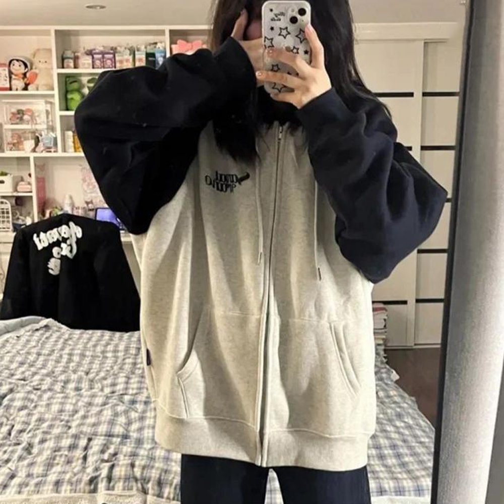 Lacivert Raglan Kollu Sanjati Crane Gri Melanj Kalın Kumaş Fermuarlı (Unisex) Kapüşonlu