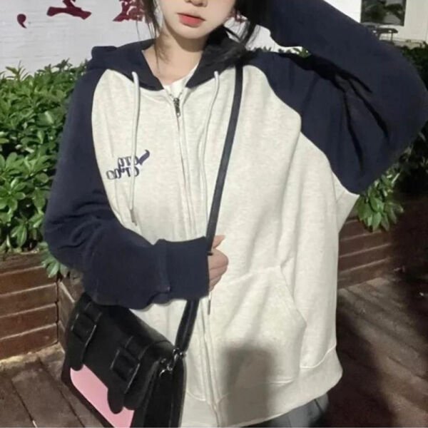 Lacivert Raglan Kollu Sanjati Crane Gri Melanj Kalın Kumaş Fermuarlı (Unisex) Kapüşonlu
