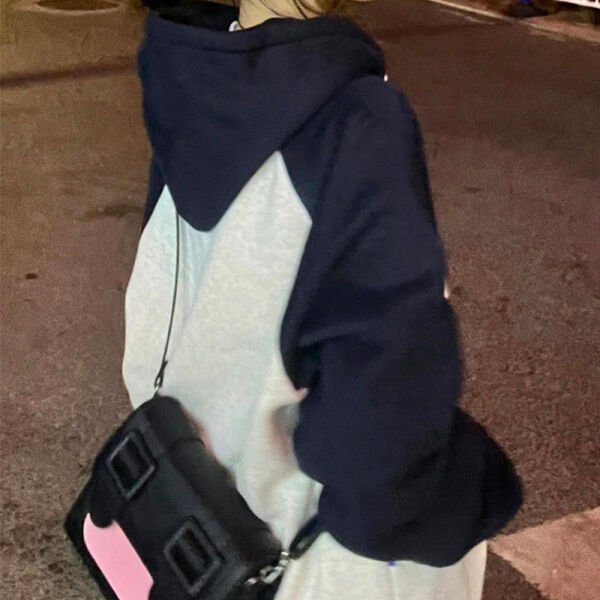 Lacivert Raglan Kollu Sanjati Crane Gri Melanj Kalın Kumaş Fermuarlı (Unisex) Kapüşonlu