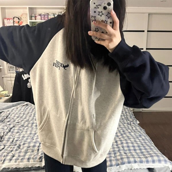 Lacivert Raglan Kollu Sanjati Crane Gri Melanj Kalın Kumaş Fermuarlı (Unisex) Kapüşonlu