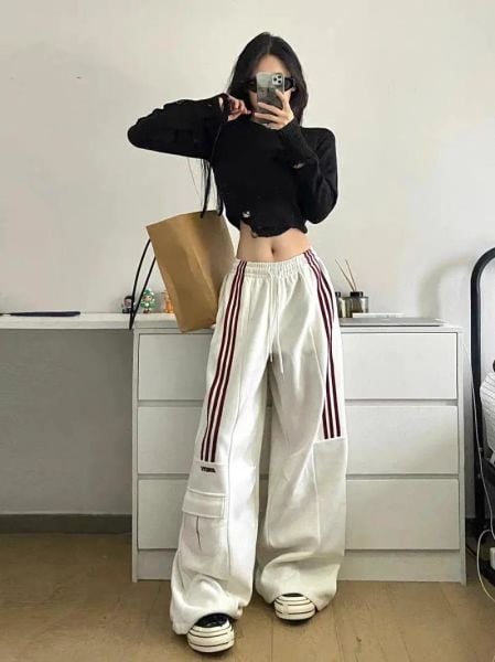Y2k Beyaz Baggy Line Detail Unisex Eşofman Altı