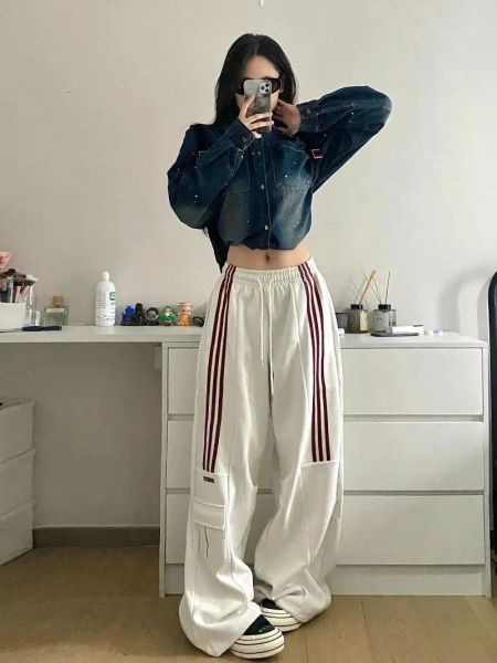 Y2k Beyaz Baggy Line Detail Unisex Eşofman Altı