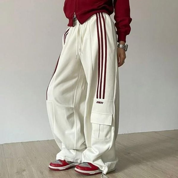 Y2k Beyaz Baggy Line Detail Unisex Eşofman Altı