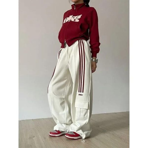Y2k Beyaz Baggy Line Detail Unisex Eşofman Altı