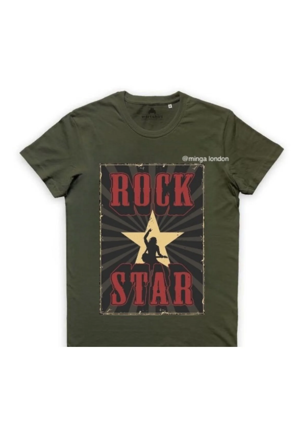 Rock Star Rock'n Roll Haki Rengi Ön Baskılı Oversize T-shirt