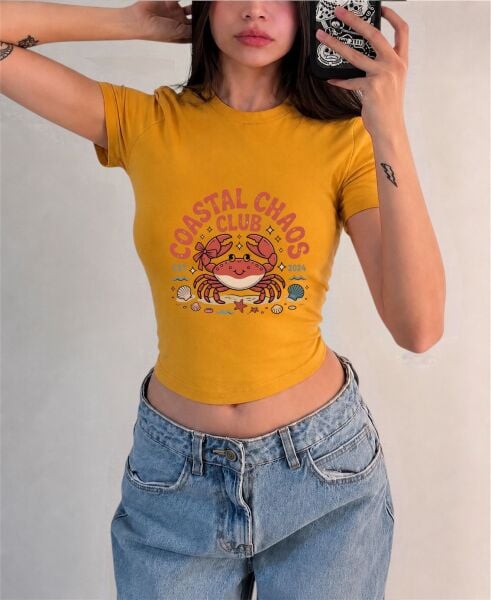Coastral Chaos Club Yengeç Baskılı Kemer Boy Y2K Kısa Kollu Crop