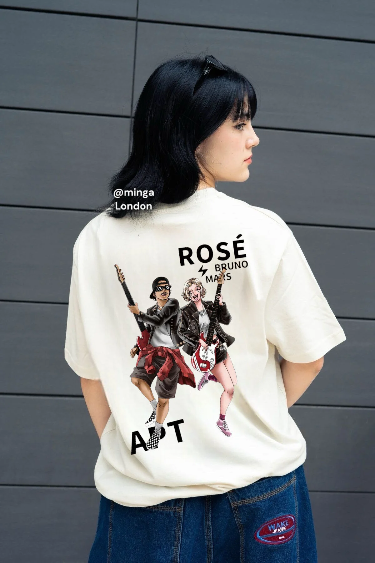 Rose & Bruno Mars APT Song Ön Arka Baskılı Oversize Bej Tişört