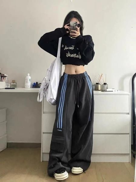 Y2k Koyu Gri Baggy Line Detail Unisex Eşofman Altı