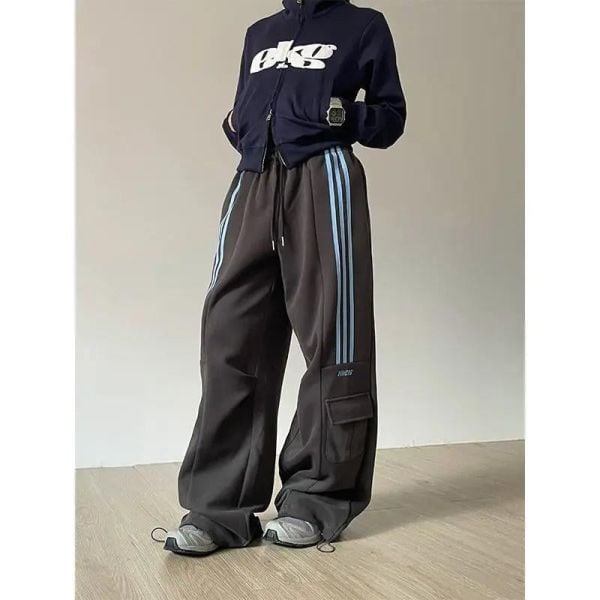 Y2k Koyu Gri Baggy Line Detail Unisex Eşofman Altı