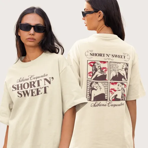Sabrina Carpenter Short N Sweet Tour Ön Arka Baskılı Oversize Bej Tişört