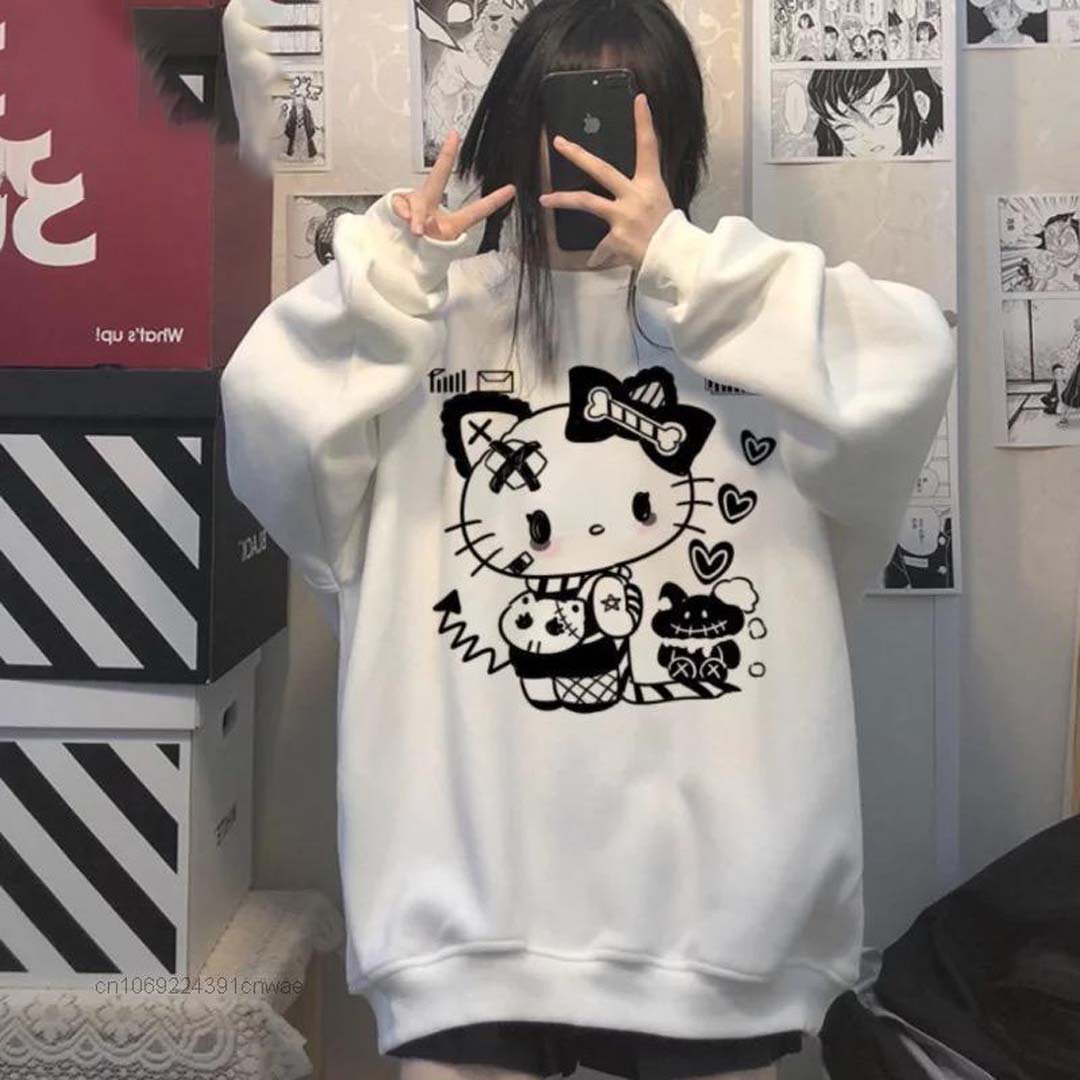 Beyaz Retro Mobile Hello Kitty (Unisex) Uzun Kollu