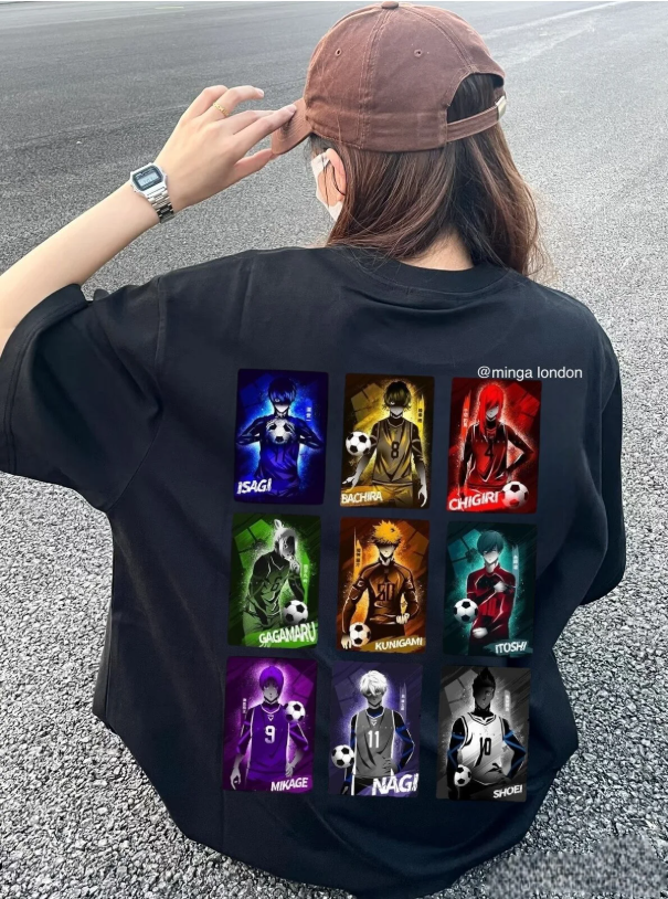 Siyah Blue Lock Team Players Anime Sırt Baskılı Oversize T-shirt