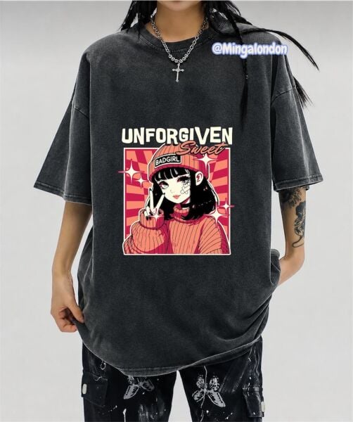 Yıkamalı Kumaş Unforgıven Sweet Baskılı Oversize T-Shirt