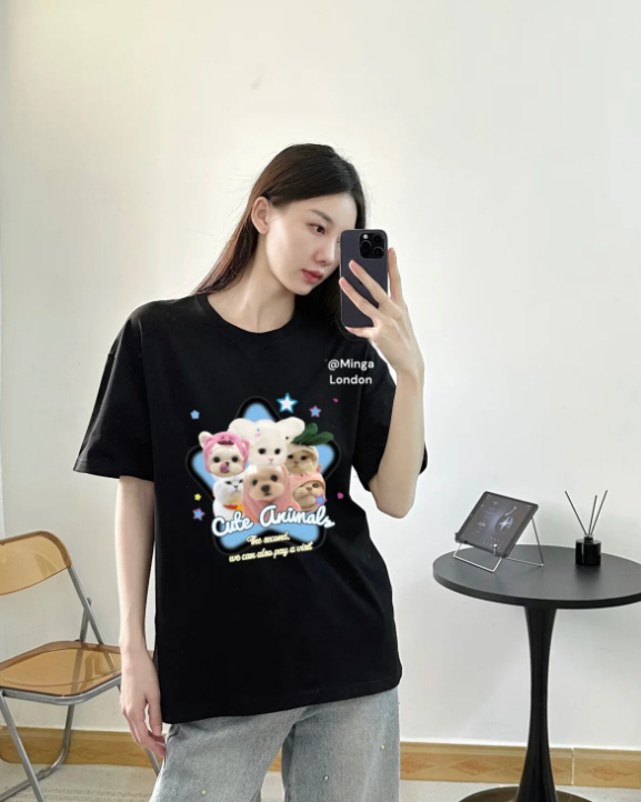 Siyah Cute Animals Star Baskılı Oversize Tshirt