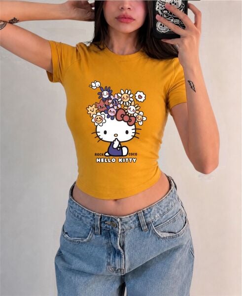 Hello Kitty Rock Coco Çiçek Baskılı Kemer Boy Y2K Kısa Kollu Crop