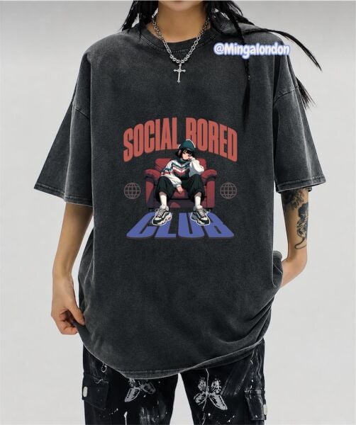 Yıkamalı Kumaş Socıal Bored Club  Baskılı Oversize T-Shirt